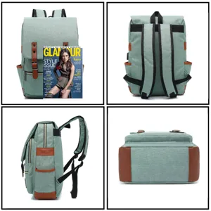 Mochila de lona verde grande, vista multiángulo del frente, parte trasera, lado y base.