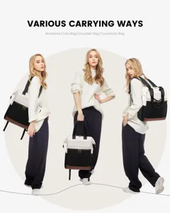 Detail view of versatile travel backpack worn as tote, shoulder bag, and rucksack.