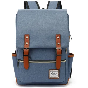 Vista frontal de una mochila de lona azul vintage con correas clásicas de hebilla marrón