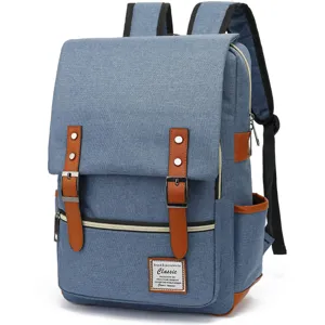 Vista detallada de mochila de lona azul con hebillas de cuero sintético marrón vintage