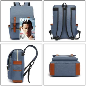 Vista multiangular de una mochila para portátil de lona azul con detalles de cuero