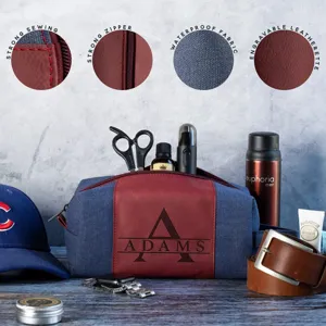 Detail view of a vintage canvas toiletry bag featuring waterproof fabric and strong zippers.