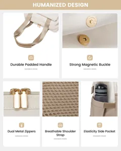 Detailed features of the beige laptop backpack including padded handle and metal zippers