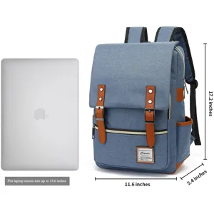 Guía de dimensiones detallada para mochila de lona vintage para portátil de 15,6 pulgadas.