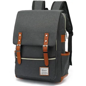 Vista detallada de una mochila vintage de lona gris para portátil con correas