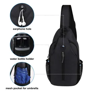 Detail view of mens sling bag features like earphone hole and side mesh pockets