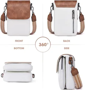 Vistas multiángulo de un elegante bolso bandolera de piel PU blanco y marrón para mujer.