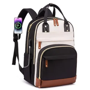 Zaino per Laptop da Donna alla Moda 15,6 Pollici Grande Capacità Borsa da Scuola Universitaria Zaino da Viaggio Con Porta USB Patchwork Poliestere PU