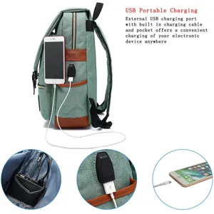 Detail view of the built-in USB charging port and internal cable on green canvas backpack
