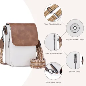 Detalle de las características del bolso bandolera de cuero PU blanco con correa ancha