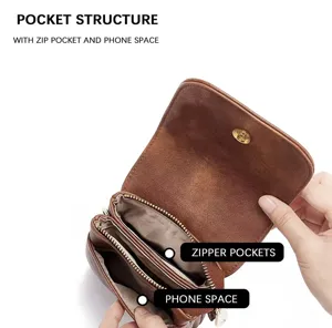 Macro detail view of the zippered pockets and phone space in a brown PU leather bag