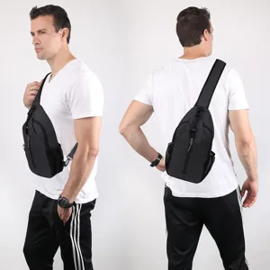Black waterproof men's outdoor sling bag shown on model from side and back angles