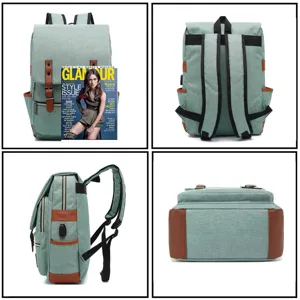 Detailed multi-angle views of a retro canvas backpack featuring a USB charging port
