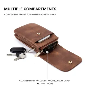 Detail view of brown PU leather phone bag with multiple compartments and magnetic flap snap.