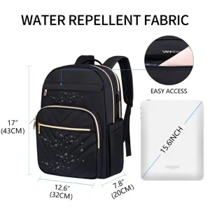 Dimensiones detalladas de una mochila negra impermeable para portátil de 15,6 pulg.