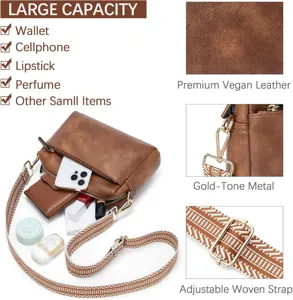 Bolso bandolera pequeño de cuero vegano marrón con correa tejida ajustable y dorado