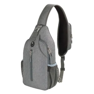 Durable gray outdoor sling bag for men with waterproof fabric and headphone port