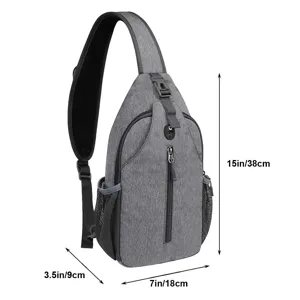 Detailed view of a grey men's outdoor sling bag with size dimensions in cm and inches