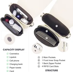 Vista detallada del bolso bandolera de cuero PU crema con múltiples compartimentos.