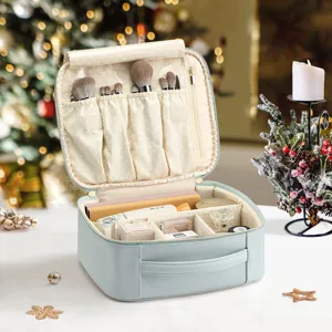 Bolsa de maquillaje de cuero PU azul claro con organizador interno de brochas