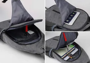 Detailed interior view of grey men's sling bag showing storage for tablet and books