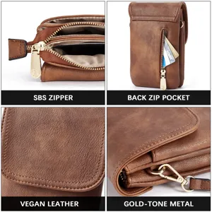Detail view of brown vegan leather phone bag showing SBS zipper and gold-tone metal hardware