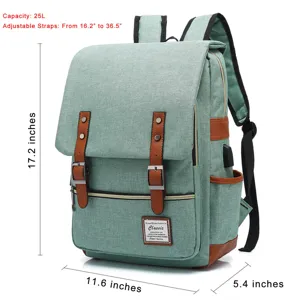 Detailed dimension view of a teal vintage canvas laptop backpack with USB port.