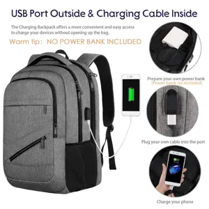 Detail eines Business-Laptop-Rucksacks mit externem USB-Ladeanschluss und internem Kabel.