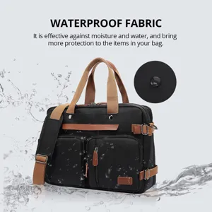 Detalle de la tela impermeable de un maletín negro para portátil con correas marrones