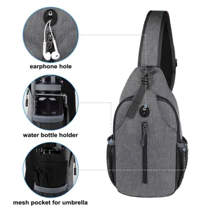 Details of grey men's sling bag showing earphone hole, bottle holder, and mesh pocket