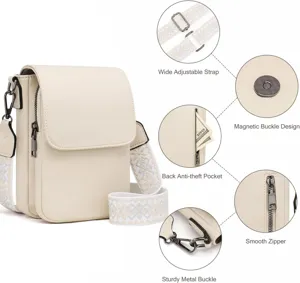 Bolso bandolera de PU beige para móvil con correa ancha y bolsillo extra antirrobo