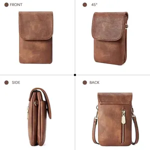Detailed four-way view of brown vintage PU leather cell phone purse with zipper pocket