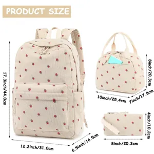 Detailed view of strawberry corduroy backpack set dimensions in inches and centimeters.