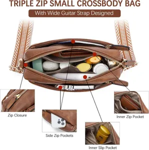 Bolso bandolera pequeño con tres cremalleras, correa ancha y bolsillos internos