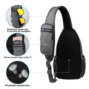 Functional grey outdoor sling bag for men with phone pocket and breathable padded back