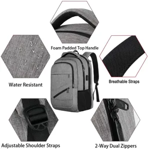 Detailansicht der Funktionen des grauen Laptop-Rucksacks mit Wasserfestigkeit und USB-Anschluss