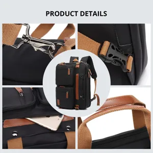 Detalles del diseño de mochila de negocios multifuncional negra con correas marrones