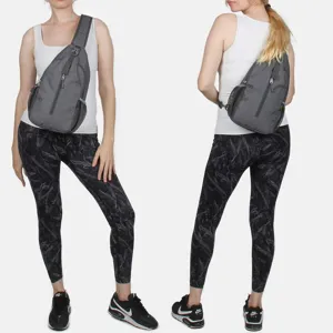 Detailed front and back views of the gray waterproof outdoor sling bag on a female model