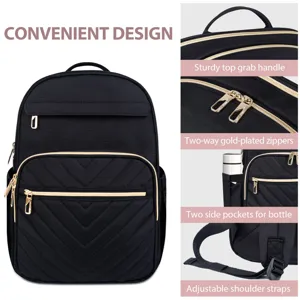 Detalles de mochila negra para portátil con cremalleras doradas y diseño acolchado.