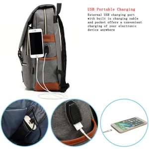 Detailed macro view of grey vintage canvas backpack showing external USB charging port
