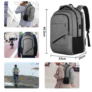 Detaillierte Größenübersicht und Lifestyle-Ansichten für den grauen USB-Laptop-Rucksack