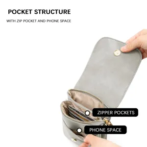 Close-up detail view of grey PU leather crossbody phone bag showing internal pocket structure.