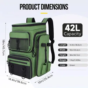 Close-up detail of a green 42L fishing backpack showing size dimensions and specs