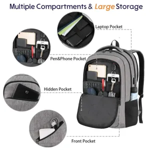 Detailansicht des multifunktionalen Laptop-Rucksacks mit markierten Staufächern