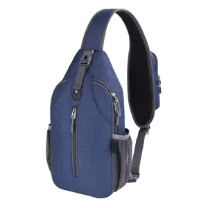 Professional navy blue waterproof men's outdoor sling bag with multiple zipper pockets