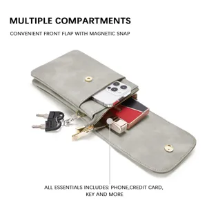 Detailed view of gray PU leather phone bag showing interior storage for iPhone and cards