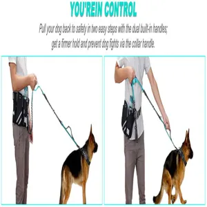 Hands-free dog leash with waist bag showing dual handle control for pet safety
