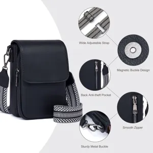 Detalles del bolso de PU negro con correa ajustable y cremallera resistente