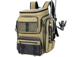 Detail of khaki fishing backpack showing fishing rod storage and multi-pockets.