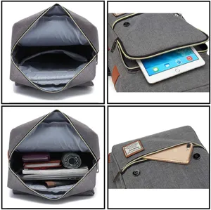 Detail views of retro canvas laptop backpack showing large storage capacity for gadgets